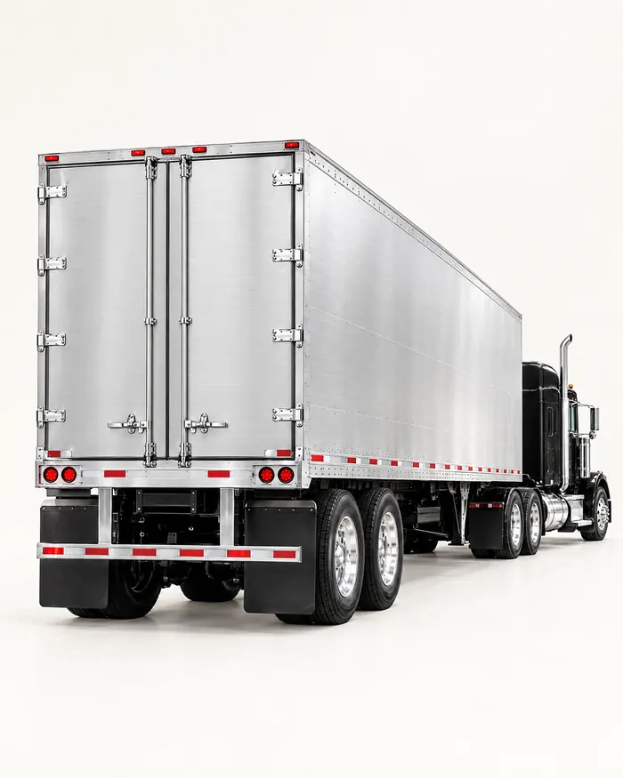 Rear doors of an aluminium dry van trailer, studio lit