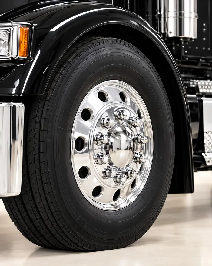 Front fender, polished wheel and fuel tank of a black semi truck