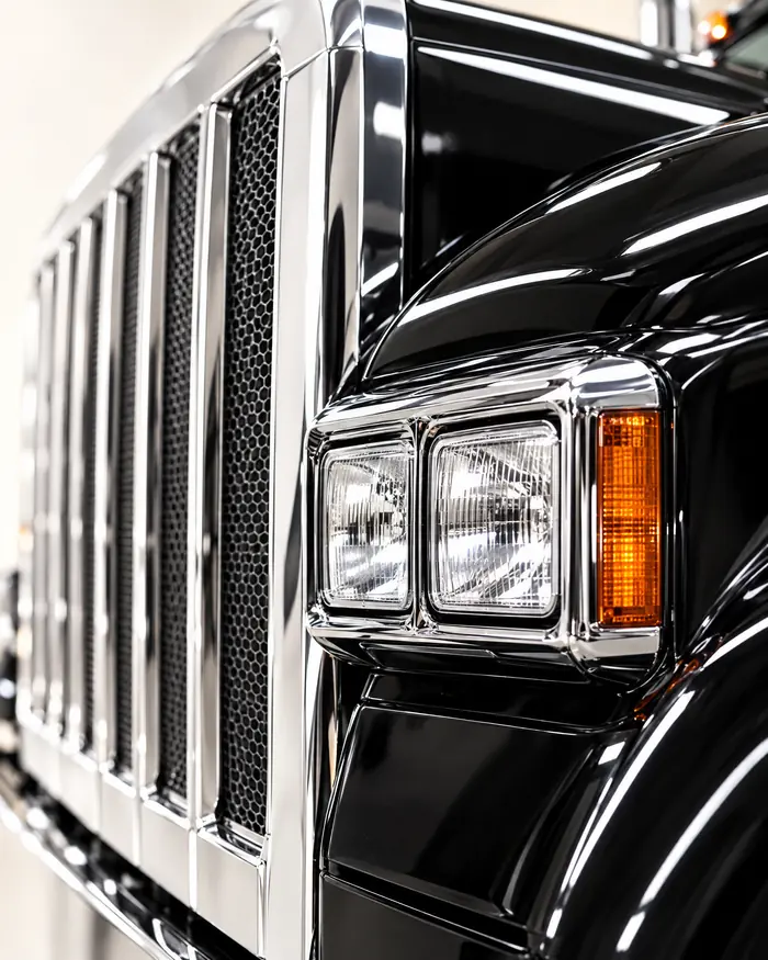 Chrome grille and headlights of a black semi truck, studio lit